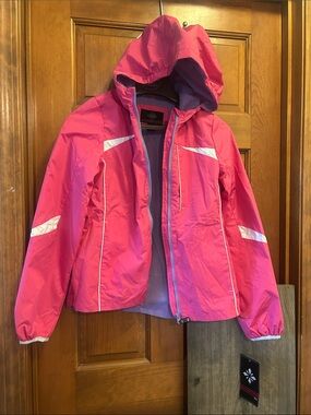 Girls Waterproof Hooded Pink Raincoat with Reflective Accents